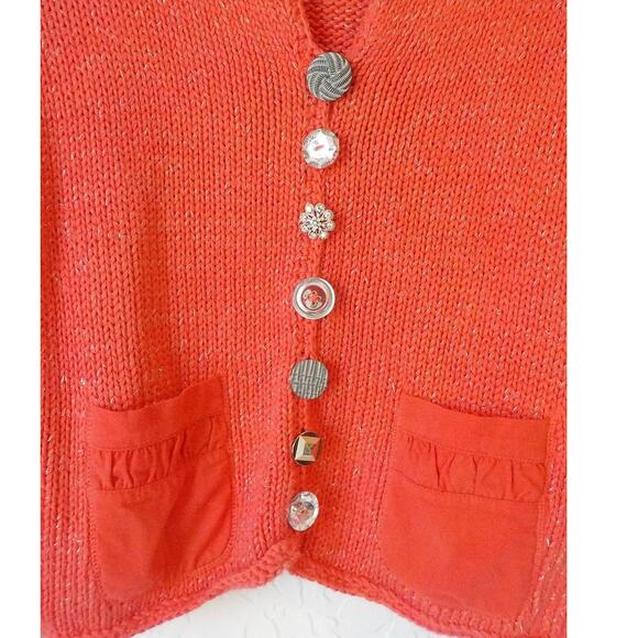 Pure Handknit Orange Cardigan Size S/M Metallic Knit Big Button Coastal Boho - Picture 2 of 13